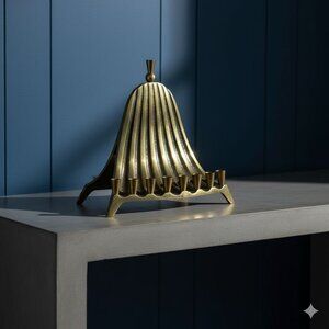 Vintage Mid-Century Brass Menorah 9 Candle Peacock Waterfall Hen-Holon-Israel 6.